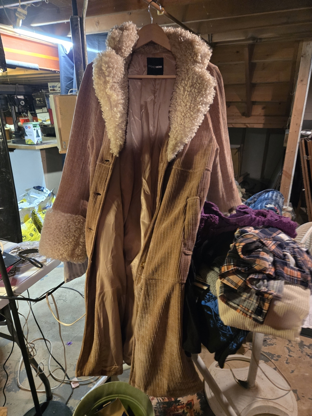 Corduroy Shearling-Trim Long Coat in Tan - Unknown Brand
